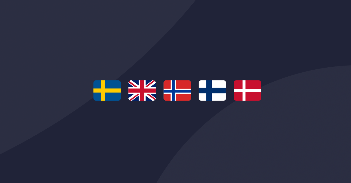 Icons with flags of Sweden, United Kingdom, Norway, Finland and Denmark symbolizing the languages that Mainter now supports in its user interface.