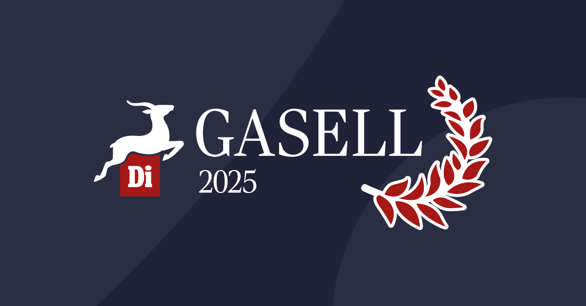 Logo for DI Gasell 2025 with white gazelle with the text "Di Gasell 2025" against a dark background in Mainter's colors and graphic patterns.