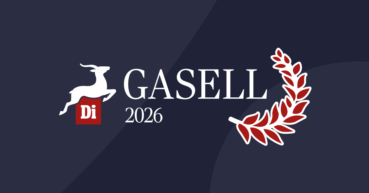 Logotyp för DI Gasell 2026 med vit gasell med texten “Di Gasell 2026” mot mörk bakgrund i Mainters färger och grafiska mönster.